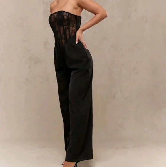 Sheer Lace Boned Corset Detail Pleated Pants Bandeau Jumpsuit - Picture 2 of 6